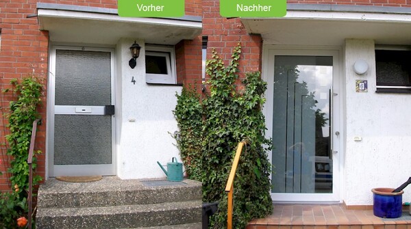 Vergleich von alter und neuer Haustür vor und nach einer modernen Haustürsanierung.