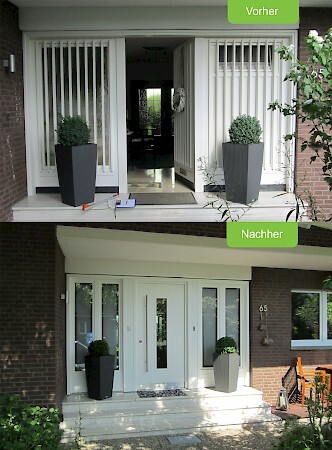 Vergleich von Hauseingang vor und nach einer modernen Haustür Renovierung mit Pflanzen.